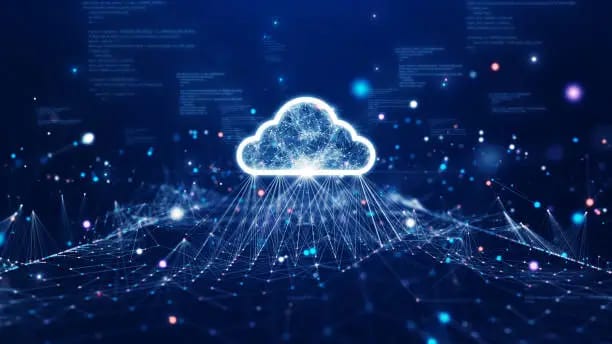 "Cloud computing network illustration with digital data connections and a cloud icon"